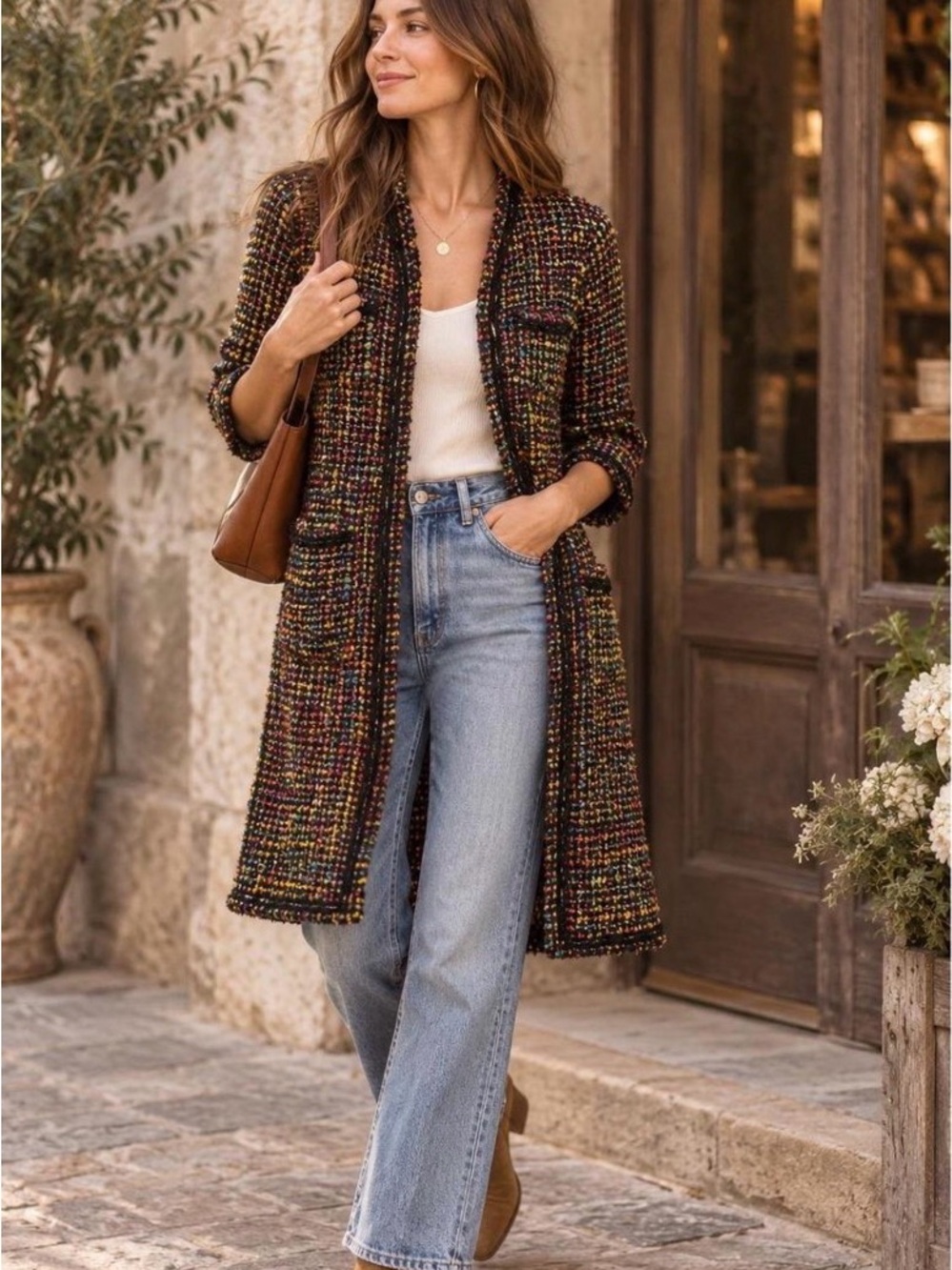 Women's Black Multi-Color Tweed Coat Jacket by